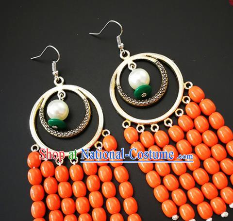 Traditional Chinese Mongolian Ethnic Folk Dance Ear Accessories Mongol Nationality Orange Beads Earrings for Women