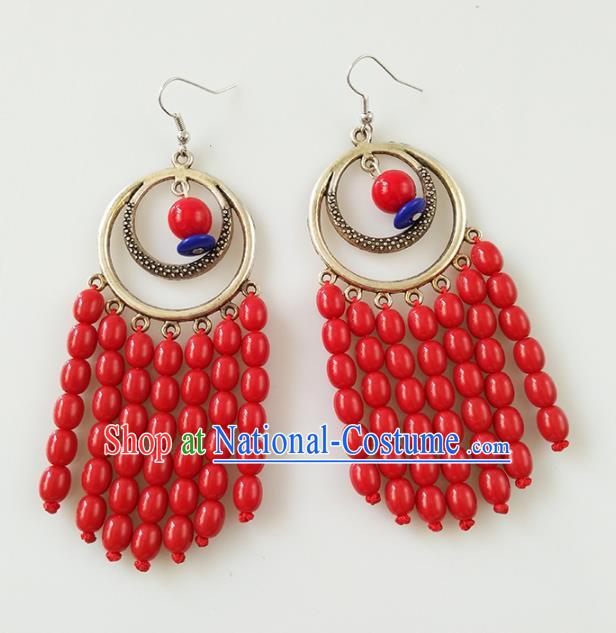 Traditional Chinese Mongolian Ethnic Folk Dance Ear Accessories Mongol Nationality Red Beads Earrings for Women