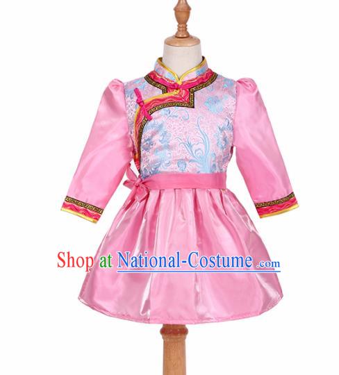 Chinese Ethnic Costume Pink Mongolian Dress Traditional Mongol Nationality Folk Dance Clothing for Kids