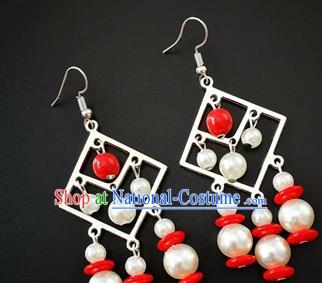 Traditional Chinese Mongolian Ethnic White Beads Ear Accessories Mongol Nationality Folk Dance Earrings for Women