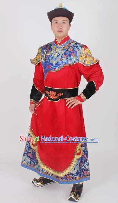 Chinese Ethnic Prince Costume Red Suede Fabric Mongolian Robe Traditional Mongol Nationality Folk Dance Clothing for Men