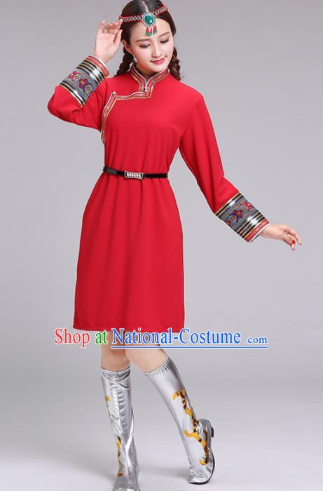 Chinese Mongolian Ethnic Costume Red Dress Traditional Mongol Nationality Folk Dance Clothing for Women