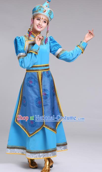 Chinese Mongolian Ethnic Folk Dance Blue Dress Traditional Mongol Nationality Princess Costume for Women