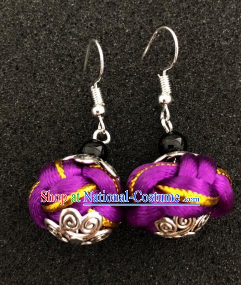 Traditional Chinese Mongol Nationality Purple Ball Ear Accessories Mongolian Ethnic Earrings for Women