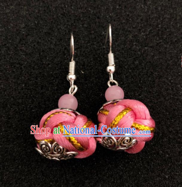 Traditional Chinese Mongol Nationality Pink Ball Ear Accessories Mongolian Ethnic Earrings for Women