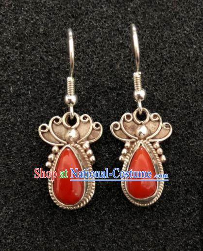 Traditional Chinese Mongol Nationality Sliver Red Ear Accessories Mongolian Ethnic Earrings for Women