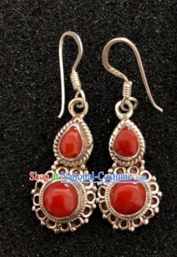 Traditional Chinese Mongol Nationality Sliver Ear Accessories Mongolian Ethnic Red Earrings for Women