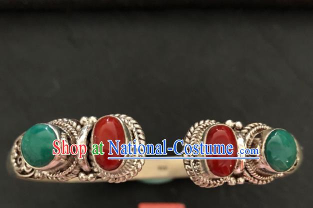 Traditional Chinese Mongol Nationality Agate Bracelet Accessories Mongolian Ethnic Sliver Bangle for Women