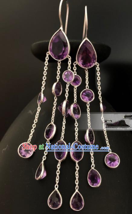 Traditional Chinese Mongol Nationality Purple Crystal Ear Accessories Mongolian Ethnic Earrings for Women