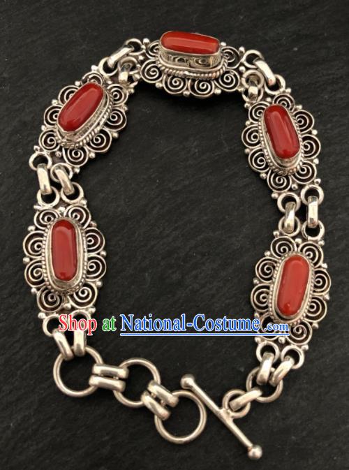 Traditional Chinese Mongol Nationality Sliver Bracelet Accessories Mongolian Ethnic Agate Bangle for Women