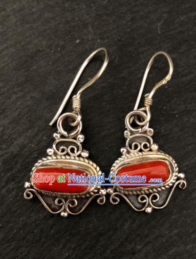 Traditional Chinese Mongol Nationality Red Stone Ear Accessories Mongolian Ethnic Sliver Earrings for Women