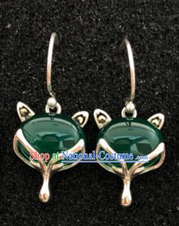 Traditional Chinese Mongol Nationality Green Crystal Fox Ear Accessories Mongolian Ethnic Sliver Earrings for Women