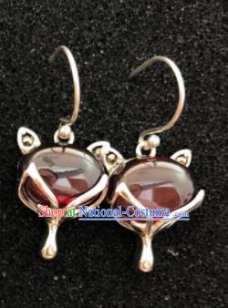 Traditional Chinese Mongol Nationality Garnet Fox Ear Accessories Mongolian Ethnic Sliver Earrings for Women