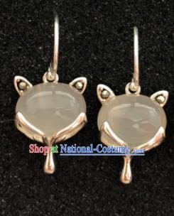 Traditional Chinese Mongol Nationality White Chalcedony Fox Ear Accessories Mongolian Ethnic Sliver Earrings for Women