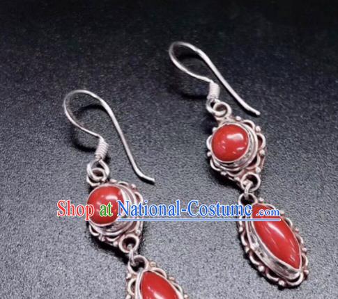 Traditional Chinese Mongol Nationality Red Ear Accessories Mongolian Ethnic Sliver Earrings for Women