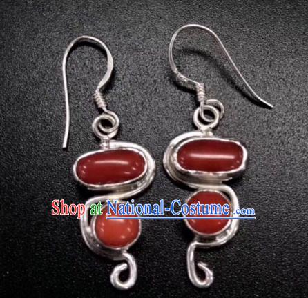 Traditional Chinese Mongol Nationality Ruby Ear Accessories Mongolian Ethnic Sliver Earrings for Women