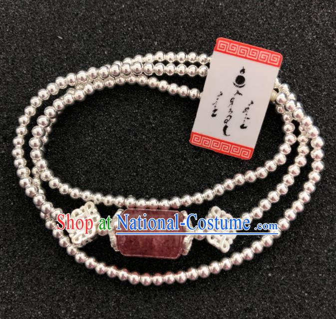 Traditional Chinese Mongol Nationality Rose Chalcedony Sliver Necklet Accessories Mongolian Ethnic Necklace for Women