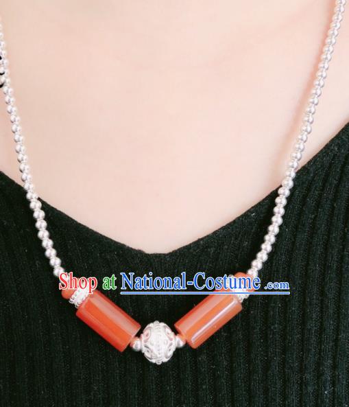 Traditional Chinese Mongol Nationality Sliver Necklet Accessories Mongolian Ethnic Red Agate Necklace for Women