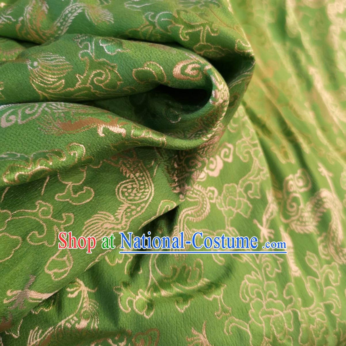 Green 100% Pure Silk Dragon Phoenix Pattern Fabric Chinese Royal Silk Fabrics