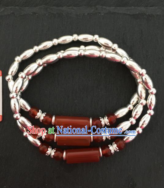 Chinese Traditional Mongol Nationality Agate Bracelet Mongolian Ethnic Sliver Bangle Accessories for Women