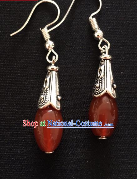 Chinese Mongol Nationality Agate Ear Accessories Traditional Mongolian Ethnic Sliver Earrings for Women