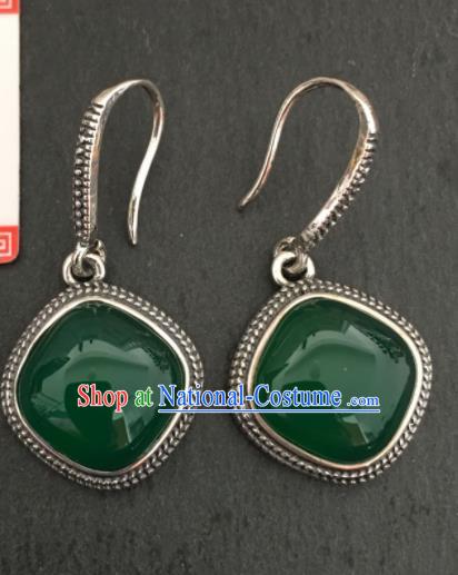 Chinese Mongol Nationality Green Chalcedony Ear Accessories Traditional Mongolian Ethnic Sliver Earrings for Women