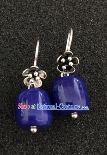 Traditional Chinese Mongol Nationality Blue Stone Ear Accessories Mongolian Ethnic Earrings for Women