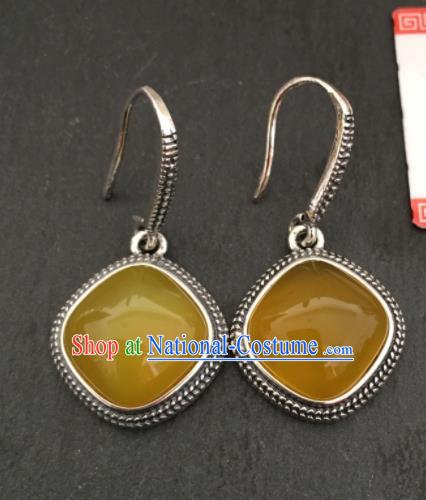 Chinese Mongol Nationality Yellow Chalcedony Ear Accessories Traditional Mongolian Ethnic Sliver Earrings for Women