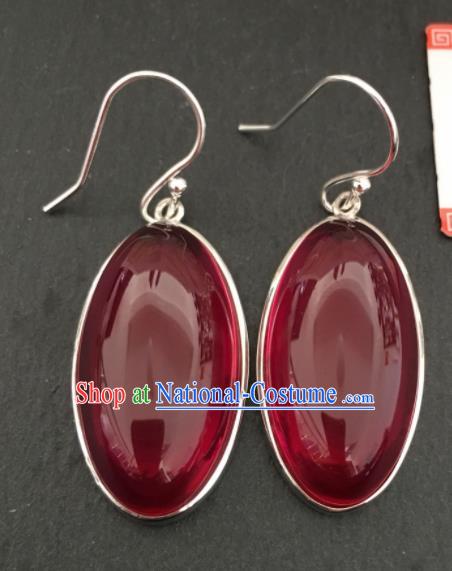 Chinese Mongol Nationality Garnet Ear Accessories Traditional Mongolian Ethnic Sliver Earrings for Women