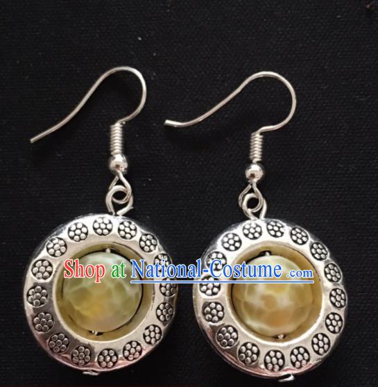 Chinese Mongol Nationality Yellow Ball Ear Accessories Traditional Mongolian Ethnic Sliver Earrings for Women