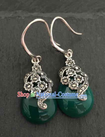 Chinese Mongol Nationality Green Jade Ear Accessories Traditional Mongolian Ethnic Sliver Earrings for Women