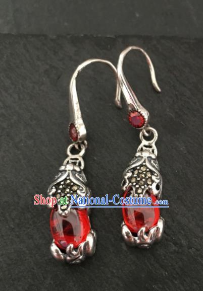 Chinese Mongol Nationality Red Garnet Ear Accessories Traditional Mongolian Ethnic Earrings for Women