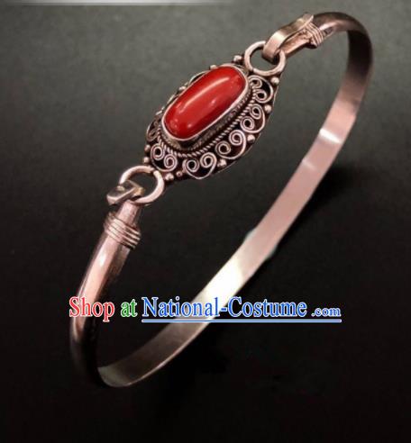 Traditional Chinese Mongol Nationality Ruby Bracelet Mongolian Ethnic Sliver Bangle Accessories for Women