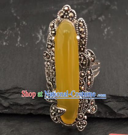 Traditional Chinese Mongol Nationality Yellow Chalcedony Ring Mongolian Ethnic Accessories for Women