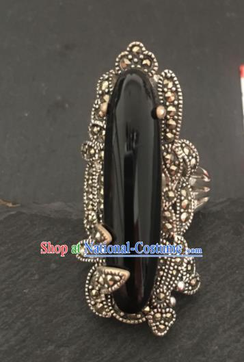 Traditional Chinese Mongol Nationality Black Chalcedony Ring Mongolian Ethnic Accessories for Women