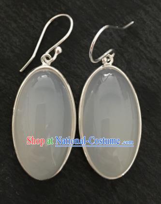 Chinese Mongol Nationality Ear Accessories Traditional Mongolian Ethnic White Chalcedony Earrings for Women