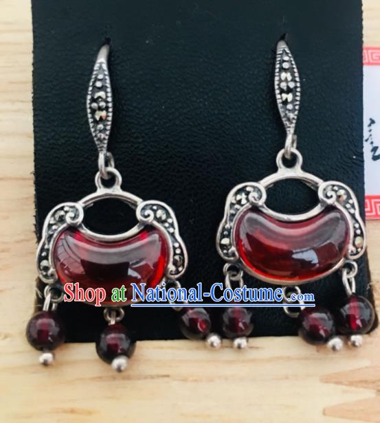 Chinese Mongol Nationality Garnet Tassel Earrings Traditional Mongolian Ethnic Ear Accessories for Women