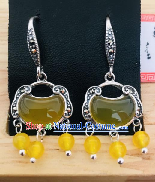 Chinese Mongol Nationality Yellow Chalcedony Tassel Earrings Traditional Mongolian Ethnic Ear Accessories for Women