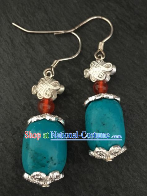 Chinese Mongol Nationality Calaite Earrings Traditional Mongolian Ethnic Ear Accessories for Women