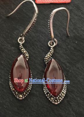 Chinese Mongol Nationality Garnet Ear Accessories Traditional Mongolian Ethnic Sliver Earrings for Women