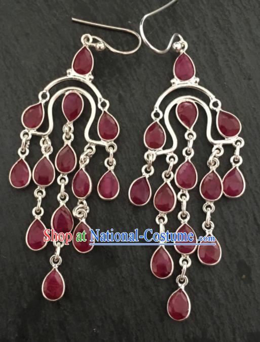 Chinese Mongol Nationality Ruby Tassel Earrings Traditional Mongolian Ethnic Ear Accessories for Women