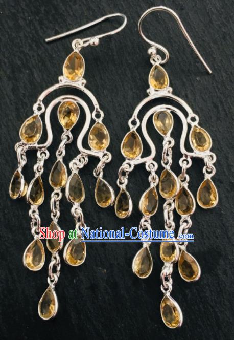 Chinese Traditional Mongol Nationality Yellow Crystal Tassel Earrings Mongolian Ethnic Ear Accessories for Women