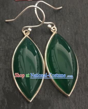 Chinese Mongol Nationality Green Chalcedony Ear Accessories Traditional Mongolian Ethnic Sliver Earrings for Women