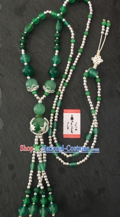 Chinese Mongol Nationality Green Chalcedony Tassel Necklet Accessories Traditional Mongolian Ethnic Necklace for Women