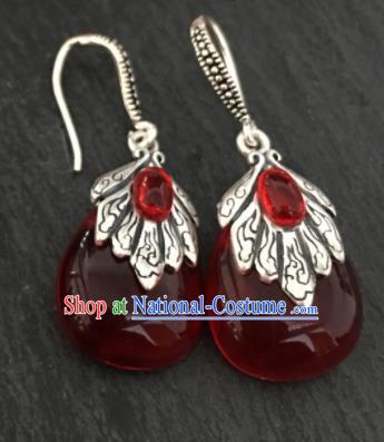 Chinese Mongol Nationality Ear Accessories Traditional Mongolian Ethnic Garnet Earrings for Women