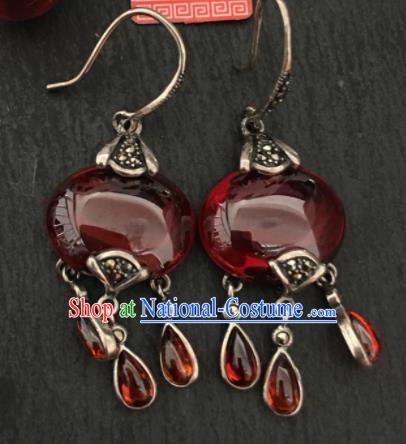 Chinese Mongol Nationality Garnet Earrings Traditional Mongolian Ethnic Garnet Ear Accessories for Women