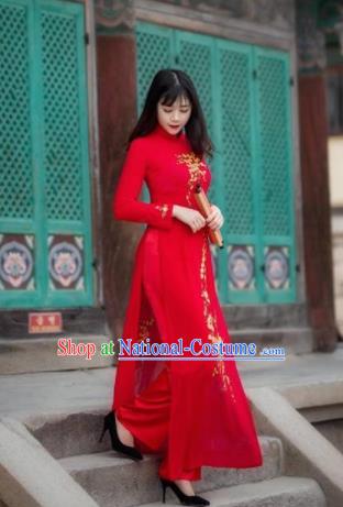 Vietnam Traditional National Wedding Red Ao Dai Dress Asian Vietnamese Cheongsam for Women