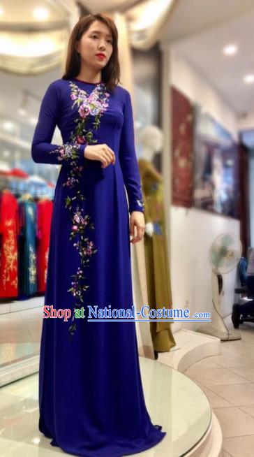 Vietnam Traditional National Wedding Deep Blue Ao Dai Dress Asian Vietnamese Cheongsam for Women