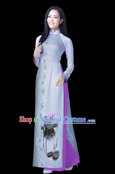 Vietnam Traditional National Ink Painting Lotus Ao Dai Dress Asian Vietnamese Cheongsam for Women