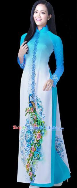 Vietnam Traditional National Blue Ao Dai Dress Asian Vietnamese Cheongsam for Women